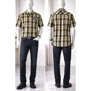 Harley-Davidson Men’s Button Up Shirt 2XL Yellow Black Plaid Patch Cotton Biker